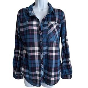 Eden & Olivia Plaid Button Up Shirt Womens Medium Blue Pink Long Sleeve Top